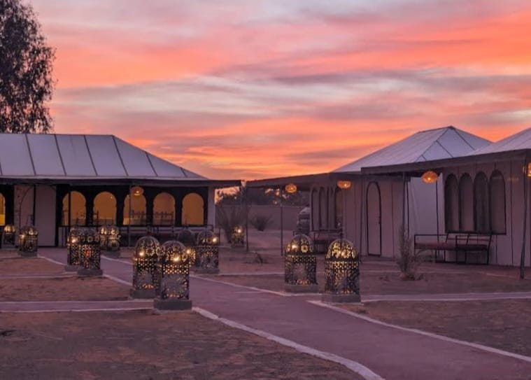 The desert camp at dusk in Merzouga