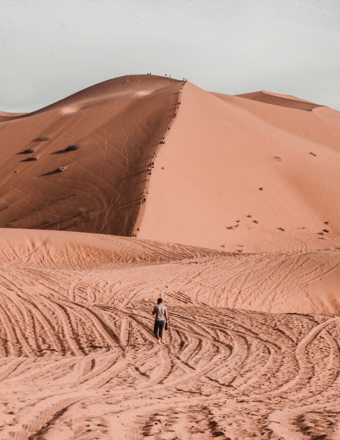 A traveler walking alone across the Merzouga dunes